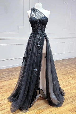 Robe de bal longue noire asymétrique à une épaule, coupe trapèze, ornée d'appliqués 3D PSK444