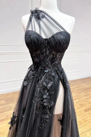 Robe de bal longue noire asymétrique à une épaule, coupe trapèze, ornée d'appliqués 3D PSK444