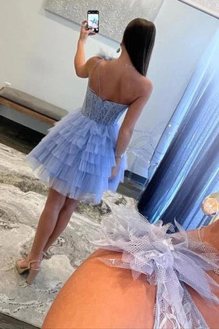 Robe de bal lavande à une épaule et dentelle superposée, coupe trapèze, référence PD516