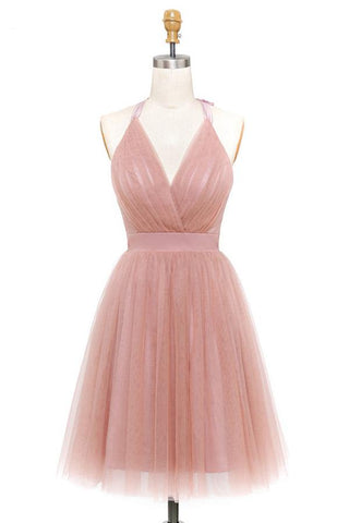 Robe de bal courte en tulle rose, coupe trapèze, décolleté en V profond, dos nu et plis, référence PD440