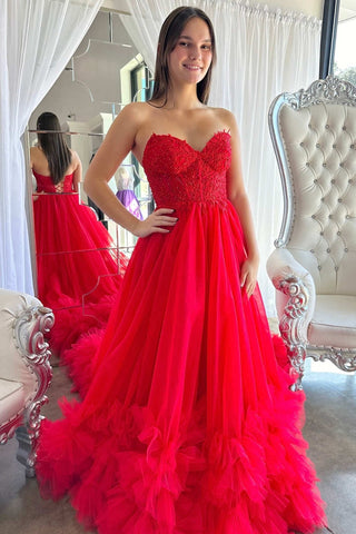 Vestido de gala rojo de corte A con escote corazón, corsé y volantes