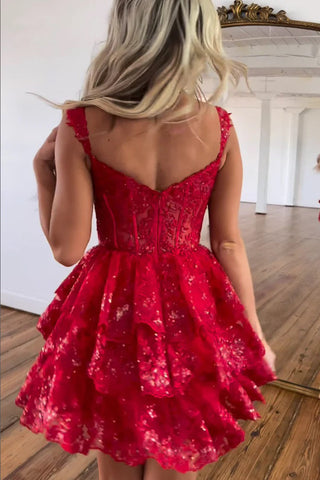 Vestido corto rojo de cóctel para fiesta de bienvenida con apliques de lentejuelas y corte en A PD497