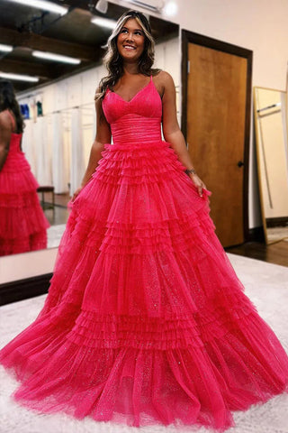 Vestido largo de fiesta de corte A con tirantes finos, escote en V y tul escalonado