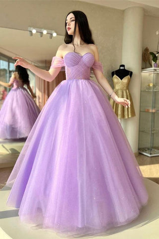 Vestido largo de fiesta morado de tul con escote corazón y corte en A