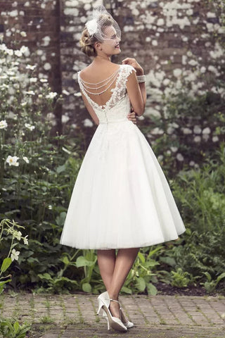 A-Line Wedding Dress Tea Length Lace Short Bridal Gown WD747