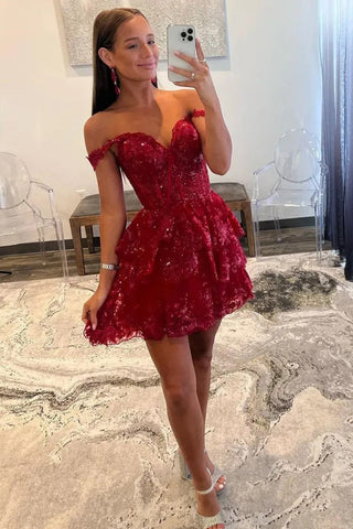 Vestido corto rojo de cóctel para fiesta de bienvenida con apliques de lentejuelas y corte en A PD497