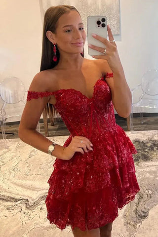 Vestido corto rojo de cóctel para fiesta de bienvenida con apliques de lentejuelas y corte en A PD497