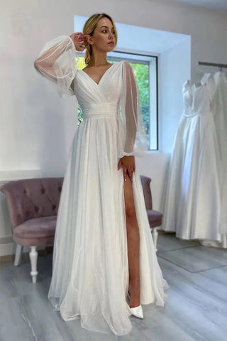 A-Line Sparkly V-Neck Long Sleeves Beach Wedding Dress WD750