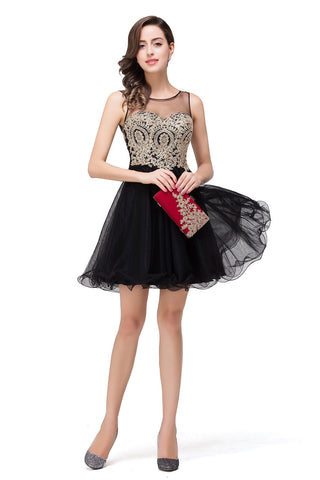 A-line Crew Short Sleeveless Appliques Prom Dresses