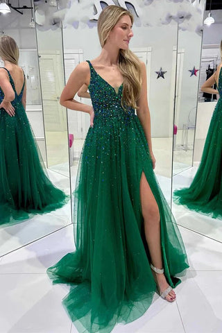 A-line Dark Green V Neck Sequined Tulle Prom Dresses