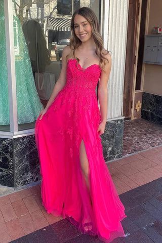 A-line Hot Pink Strapless Floral Appliques Long Prom Dress