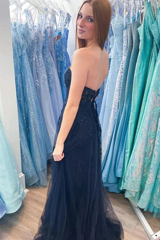 A-line Hot Pink Strapless Floral Appliques Long Prom Dress