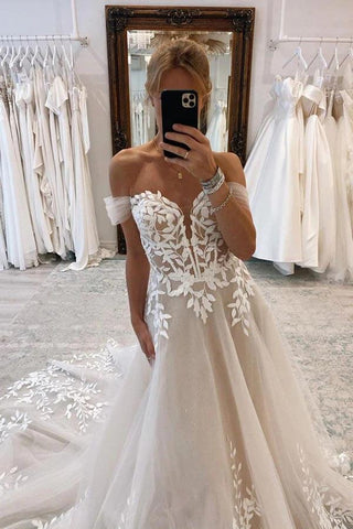 A-line Off-the-Shoulder Wedding Dresses With Lace Appliques Bridal Gown WD664