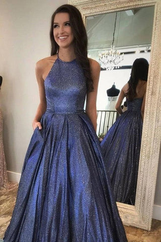 Robe de bal longue trapèze à paillettes et col halter, robe de soirée mignonne