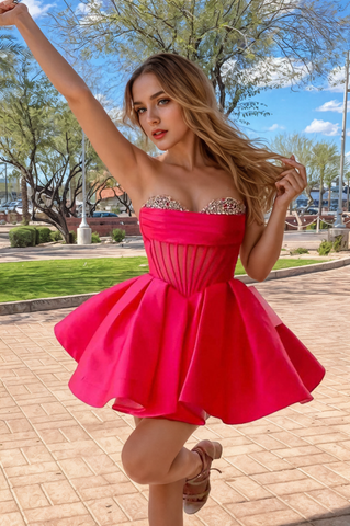 Vestido de fiesta lavanda PD539, corte en A, sin tirantes, con corpiño de corsé transparente