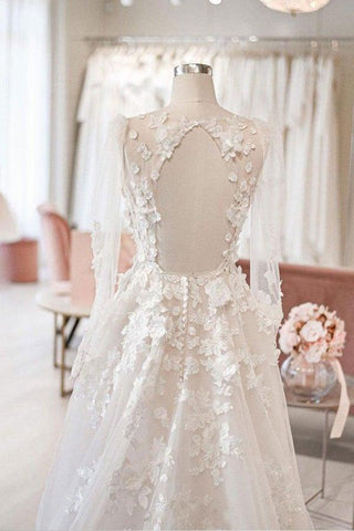 A-line V Neck Long Sleeves Ivory Tulle Wedding Dresses Bridal Gowns WD577