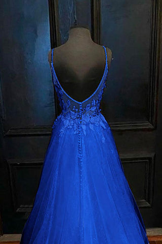 Robe de bal bleu roi en tulle, coupe trapèze, col en V, bretelles et appliques