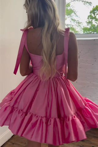 Vestidos de fiesta de bienvenida con escote corazón, corte en A, color rosa con volantes, PD491
