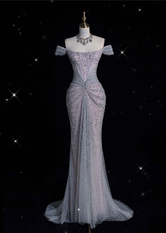 Robe de soirée longue sirène en tulle lilas pailleté et perles, épaules dénudées, Y8054