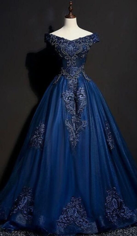 Vestido de fiesta único con hombros descubiertos, apliques de tul y lentejuelas, azul marino, corte en A, modelo Y8377