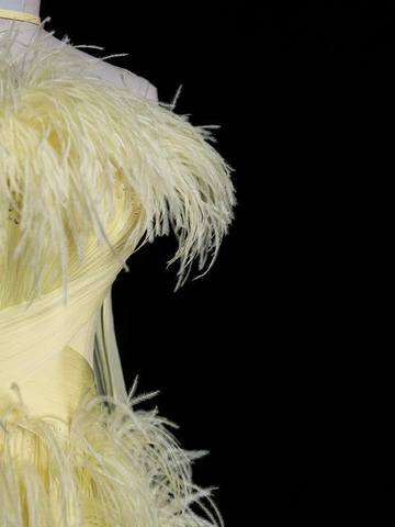 Precioso vestido de noche amarillo sin tirantes con plumas y tul, modelo Y8007