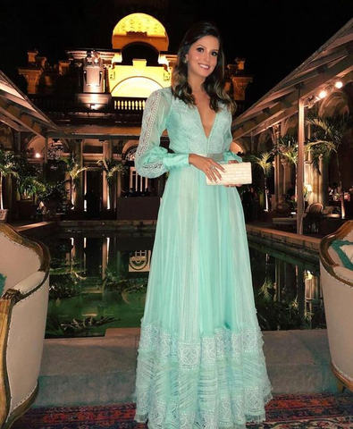 Robe de soirée trapèze à col en V et manches longues Y6306