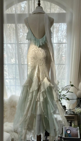 Robe de soirée sirène vert menthe élégante à fines bretelles en mousseline et perles, modèle Y8546