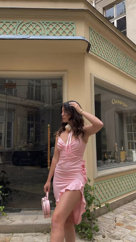 Vestido de fiesta rosa sexy con volantes laterales para baile de bienvenida, vestido de fiesta rosa Y2540