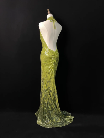 Magnifique robe de bal longue sirène à sequins, dos nu et col halter vert anthracite Y8647