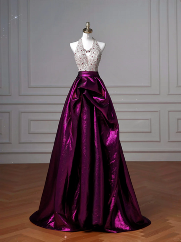 Elegante vestido de fiesta largo de noche, corte A, de satén morado con cuentas y escote halter, modelo Y8609