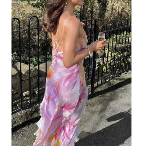 Robe de bal longue à volants, imprimé floral graphique, dos nu plongeant, fente, robe de soirée Y8099