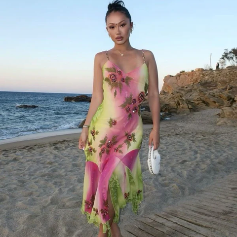 Vestido de noche largo de gasa con tirantes finos, cuentas degradadas en rosa y verde, con volantes, para fiesta o graduación Y8495