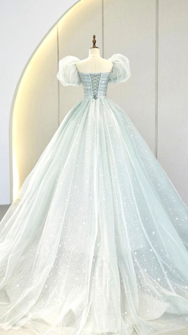 Robe de bal longue bleue à manches bouffantes et coupe trapèze, robe de soirée formelle en tulle Y2932