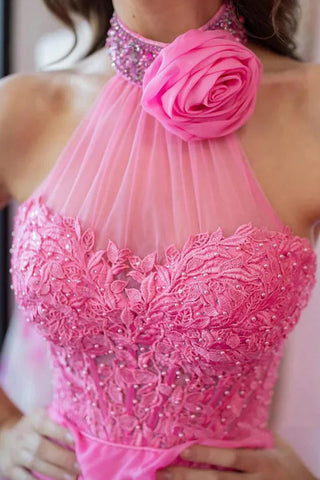 A Line Halter Neck Beaded Lace Long Pink Prom Dresses