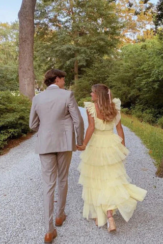 A Line Princess Tulle Layered Yellow Long Prom Dress