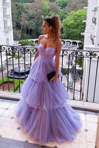 A Line Purple Tulle Long Prom Dresses Layered Evening Formal Dresses