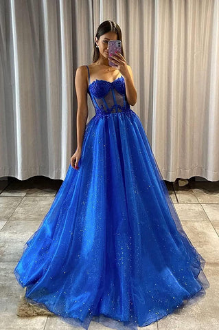 A Line Shiny Royal Blue Tulle Sweetheart Formal Prom Dress