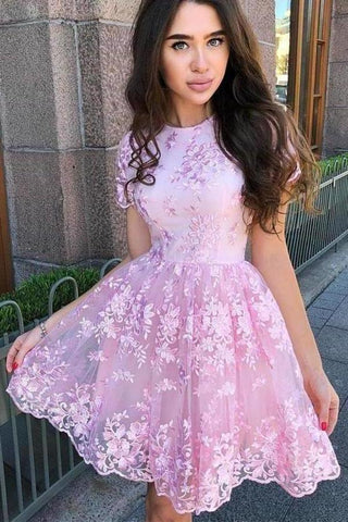 A Line Short Sleeve Lace Short Prom Dress Short Homecoming Dress PD451
