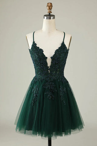 A Line Spaghetti Straps Tulle Short Grey Blue Homecoming Dress PD527