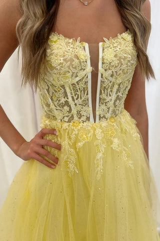 A Line V Neck Backless Yellow Lace Long Prom Dresses