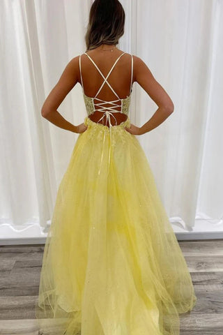 A Line V Neck Backless Yellow Lace Long Prom Dresses