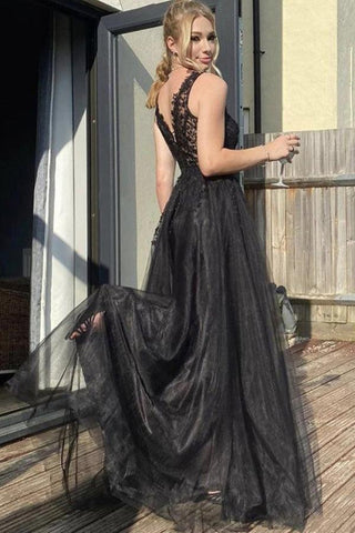 A Line V Neck Black Tulle Prom Dress Black Formal Dress