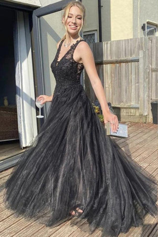 A Line V Neck Black Tulle Prom Dress Black Formal Dress