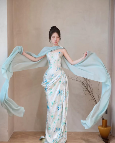 Robe de bal sirène bleue imprimée de fleurs en satin, modèle Y8543