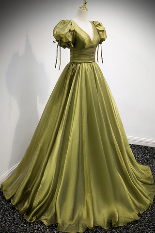 Robe de bal longue en tulle vert à col en V, robe de soirée trapèze Y898