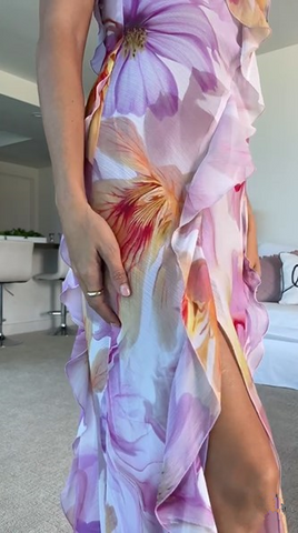 Robe de bal longue à volants, imprimé floral graphique, dos nu plongeant, fente, robe de soirée Y8099