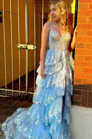 A Line Lace Tiered Stunning Prom Dress Evening Dress With Split