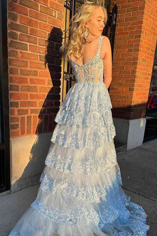 A Line Lace Tiered Stunning Prom Dress Evening Dress With Split
