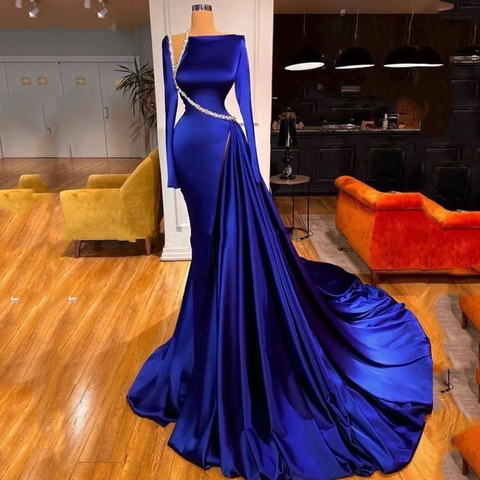 Elegantes y modestos vestidos de noche azul real Y4193