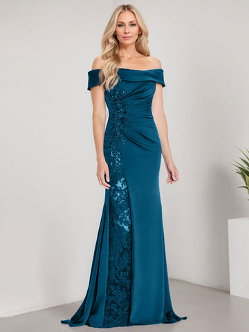 A-Line Off the Shoulder Floor-Length Mother of the Bride Dress Applique Beadings Mermaid Dress With  High Split